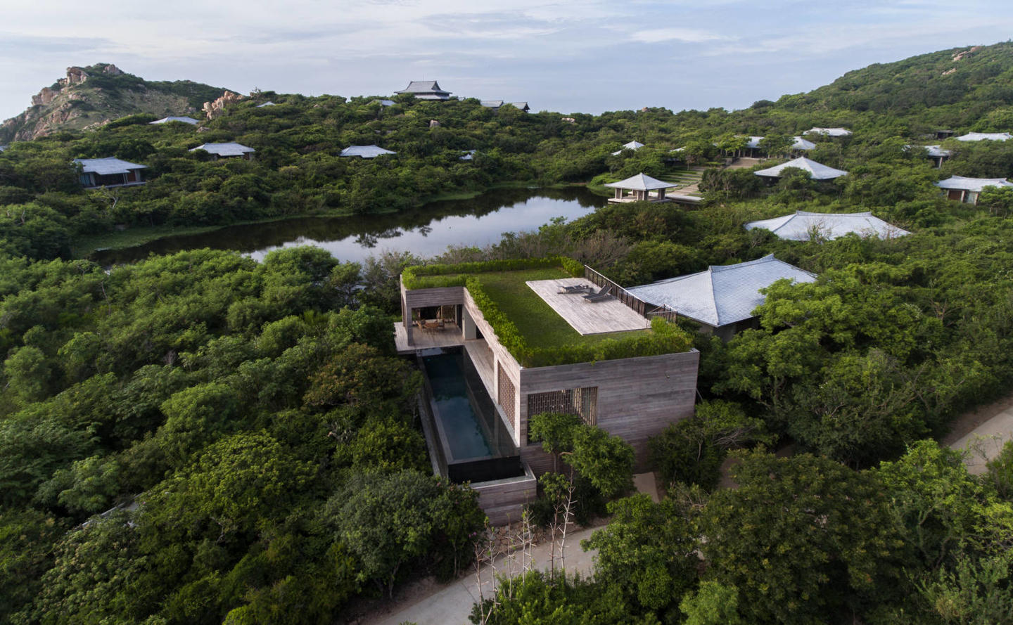 Amanoi, Vietnam - Acommodation, Aerial View of the Forest Wellness Pool Villa and lotus lake
