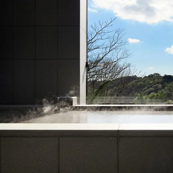 Minimalist wellness space at Amanemu resort with floor-to-ceiling window framing natural landscape.