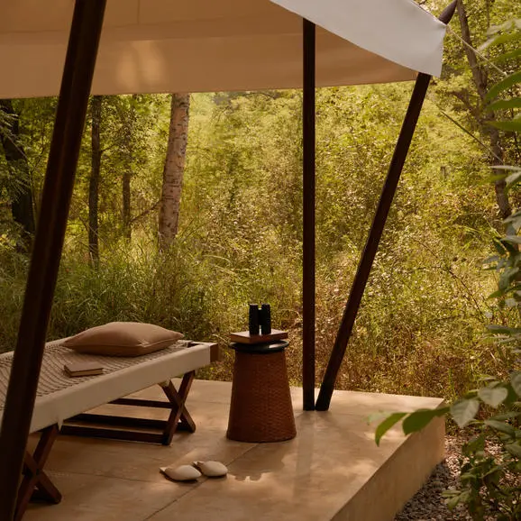 Aman-i-Khas tent exterior with canvas walls, wooden frame and verdant garden view, India.