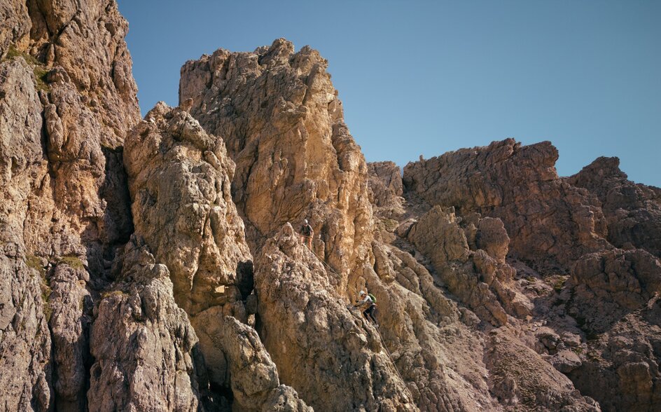 Rocky mountain peaks at Aman Rosa Alpina during summer in the Dolomites, Italy.