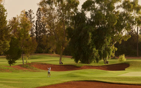 Amanjena golf course with manicured fairway, bunkers, and mature trees lining the green in Morocco.