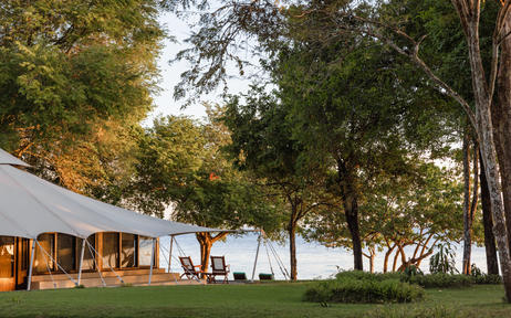 Amanwana ocean tent exterior with white canvas structure nestled amongst tall trees, Indonesia.
