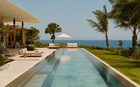 Two-bedroom casa at Amanera with infinity pool overlooking turquoise Caribbean waters.