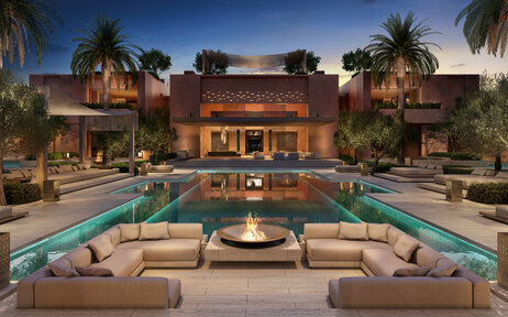 Amanjena residence exterior with central courtyard, plunge pool and symmetrical gardens in Marrakech, Morocco.