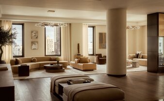 Principal bedroom suite at Aman New York penthouse with floor-to-ceiling windows and neutral furnishings.