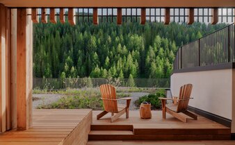 Rosa Alpina Suite with mountain views framed by wooden balcony railing and potted plants on windowsill.