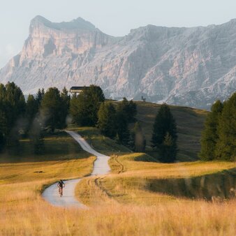 Mountain biker riding through alpine meadow with winding stream and dramatic peaks at Aman Rosa Alpina, Italy.