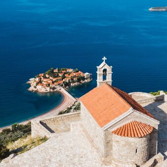 Aman Sveti Stefan, Montenegro – St. Sava Church - View of Aman Sveti Stefan