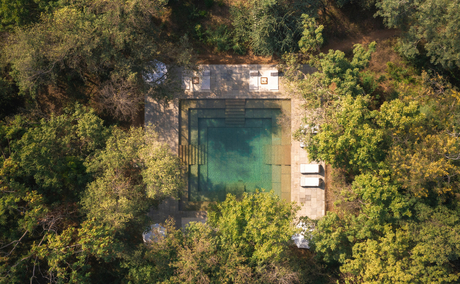 Aerial view of Aman-i-Khas nestled amongst dense forest with a turquoise plunge pool and surrounding pathways.