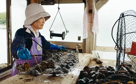Artisan sorting black pearls at Amanemu resort workshop, Ise-Shima, Japan.