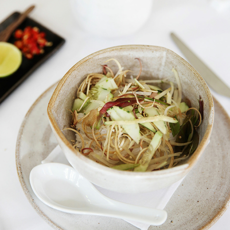 Cambodian noodle soup served in a white bowl at Amansara.