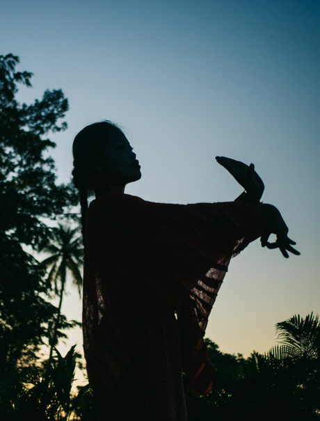 Silhouette of a statue holding a bird at Amansara, set against a twilight sky with trees.