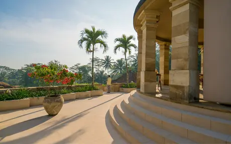 Curved stone terrace with palm trees and valley views at Amanjiwo.