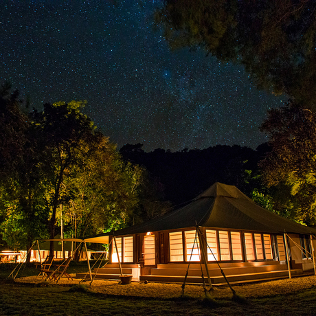 Amanwana canvas villa illuminated at night beneath a star-filled sky, surrounded by tropical trees.
