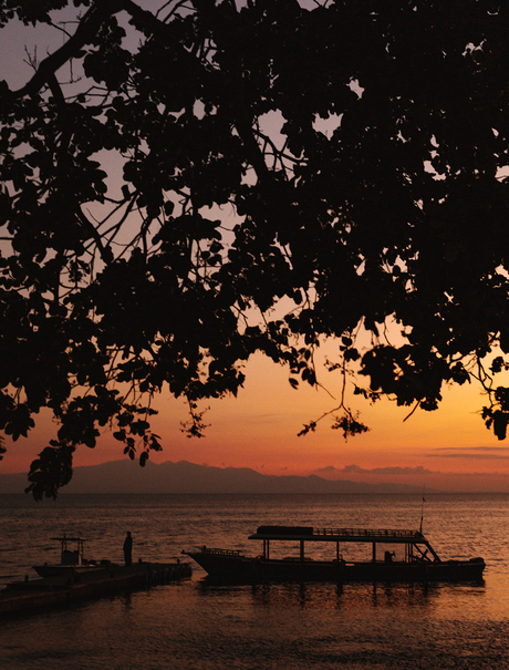 Wooden jetty silhouetted against an orange sunset at Amanwana, framed by tree branches overhead.