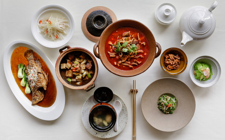 Overhead view of various Asian dishes at Amanyangyun, including noodles, stir-fries, and soups in white and grey bowls.