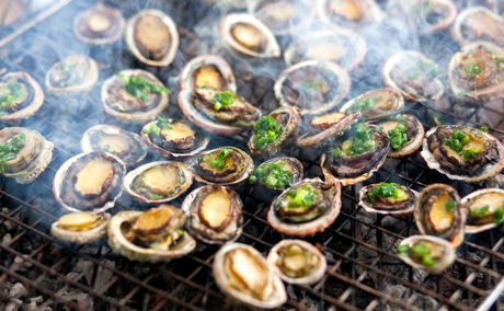 Freshly harvested clams at Amanoi, Vietnam, arranged on dark sand.