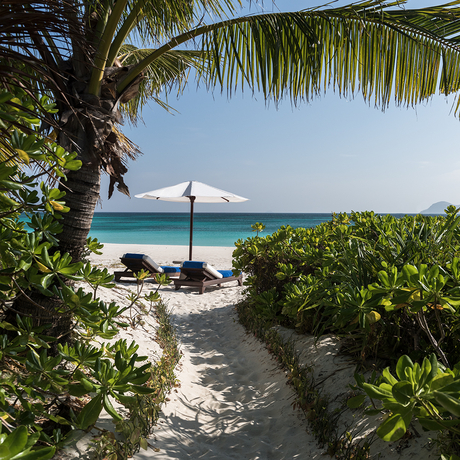 Tropical beach pathway framed by lush vegetation leading to turquoise waters at Amanpulo.