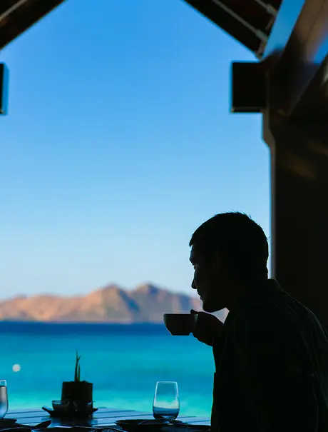 Silhouetted figure gazing towards turquoise waters and distant mountains from a shaded pavilion at Amanpulo.