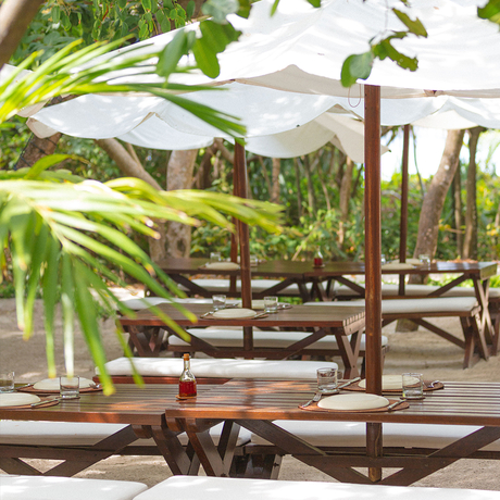 Wooden lounge chairs with white parasols in a tropical garden setting at Amanpulo.