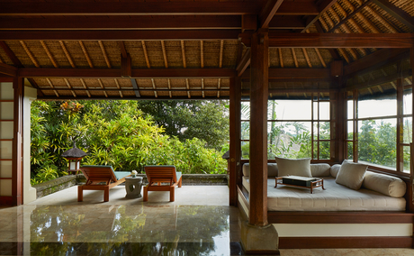 Village Suite pavilion at Amandari with open-air living spaces overlooking gardens and rice terraces.