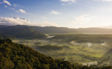 Expansive valley landscape at Amankila, with forested hillsides framing emerald rice paddies and distant mountains beneath soft afternoon light.