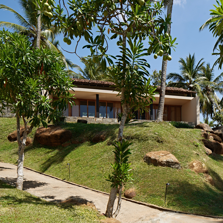 Amanwella garden with pavilion-style buildings nestled amongst lush tropical vegetation and mature palms.