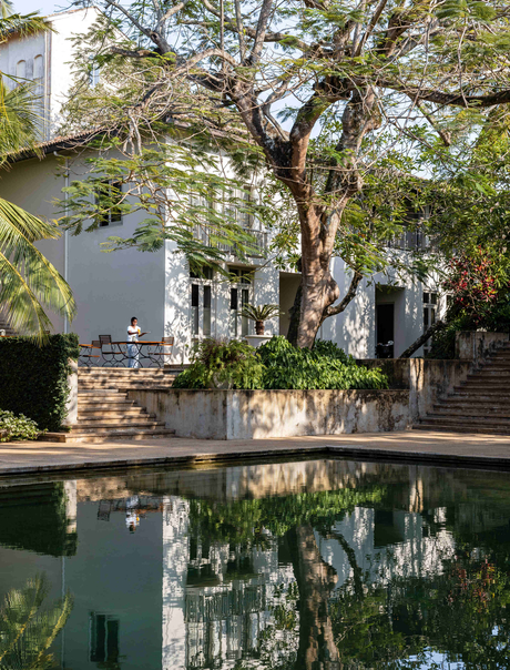 Ben Richards photograph of a reflective pond with a gnarled tree and colonial-era building at Amangalla, February 2022.