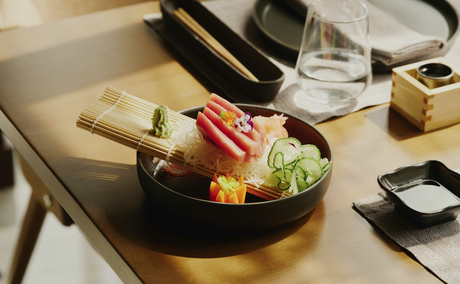 Sushi platter artfully arranged in a black bowl at Amanruya, Turkey.