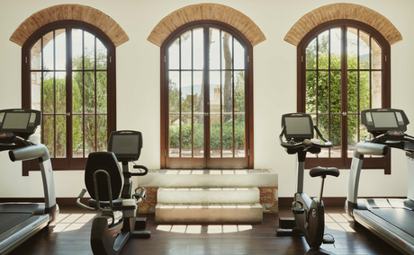 Amanruya gym with three arched windows overlooking gardens, exercise equipment, and neutral interiors.