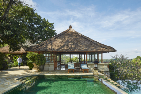 Amandari villa with thatched roof overlooking an infinity pool, surrounded by lush tropical gardens.