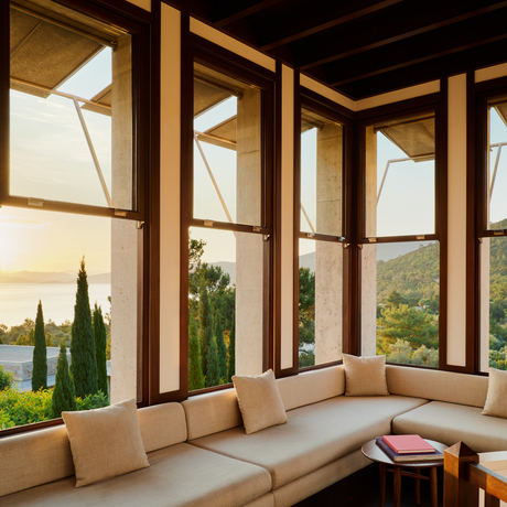 Library reading nook at Amanruya with floor-to-ceiling windows overlooking cypress trees and Turkish countryside.