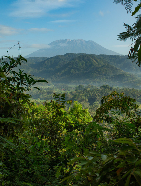 Amankila resort view overlooking volcanic mountains and verdant valleys in Bali.