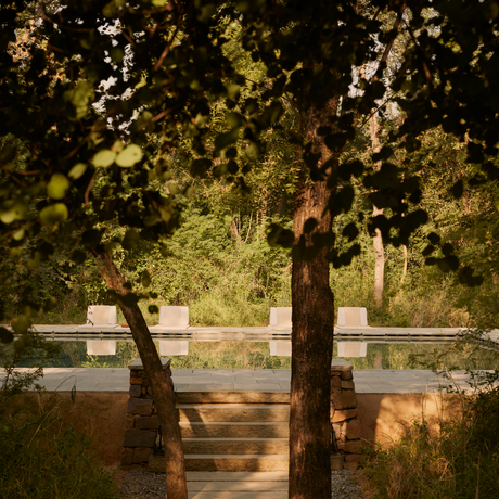 Wooden deck framed by tree branches overlooking a tranquil water feature at Aman-i-Khas.