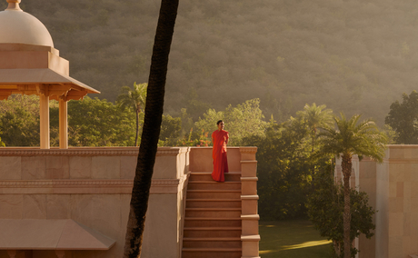 Amanbagh's main building exterior with Amansanti spa pavilion visible through morning mist.