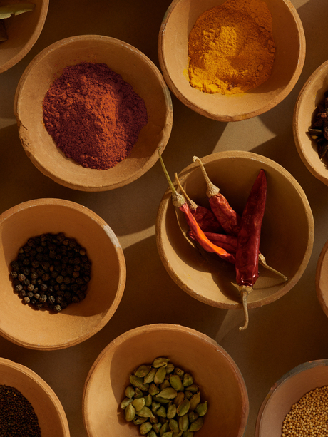 Bowls of Indian spices and seasonings at Amanbagh, arranged overhead.