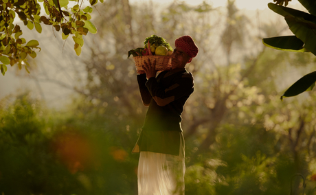 Gardener tending to plants at Amanbagh, framed by morning light and foliage.