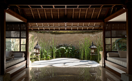 Outdoor suite with sunken pond surrounded by lush greenery at Amandari, Indonesia.