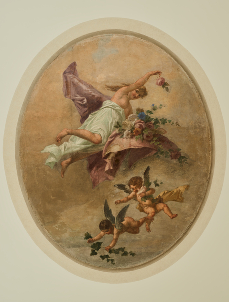 Fresco artwork depicting birds perched among flowering branches, adorning a bedroom at Aman Venice.