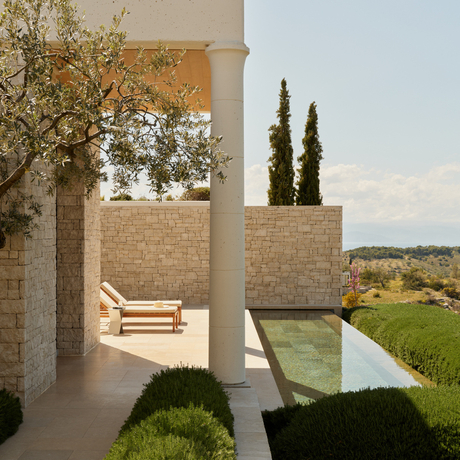 Deluxe Pool Pavilion with infinity pool overlooking Peloponnese countryside at Amanzoe resort, Greece.