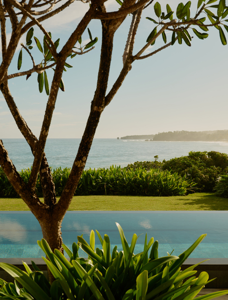 Amanera casita with view over lagoon and coastal landscape beyond mature tree.
