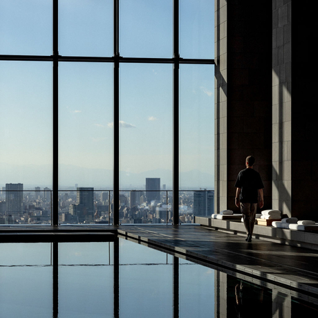 Autumn view of Tokyo cityscape through floor-to-ceiling windows at Aman Tokyo, with plunge pool in foreground.