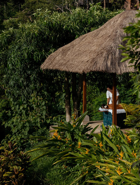 Spa pavilion with thatched roof nestled amongst tropical foliage at Amandari, Ubud, Bali.