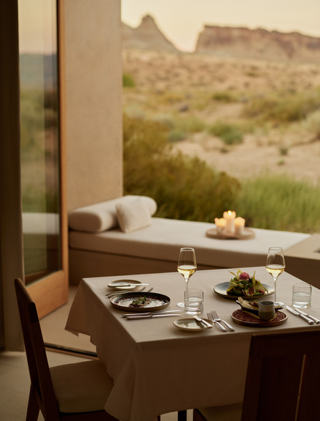Private dining room at Amangiri with desert views through floor-to-ceiling windows.