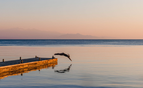 Outrigger canoe at sunrise in still waters off Amanwana, Sumbawa, Indonesia.