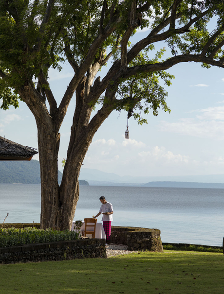 Two guests sit beneath a sprawling tree at Amanwana, overlooking the ocean and neighbouring islands in Sumbawa, Indonesia.