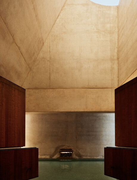 Spa wellness lobby at Amangiri with geometric stone walls and water feature.
