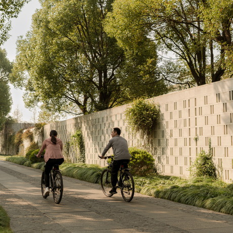 Cyclists riding along a tree-lined path at Amanyangyun, China, past contemporary architecture with climbing vines.
