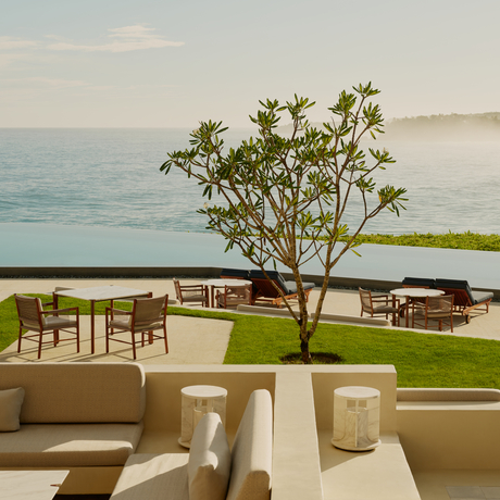 Amanera's beachfront bar terrace with dining tables, a solitary tree, and Caribbean Sea views.