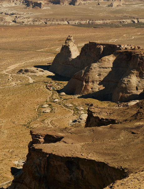 Aerial view of Amangiri camp surrounded by desert rock formations in Utah, USA.